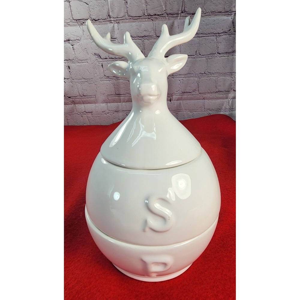 Mud Pie Christmas Stacked Reindeer Salt Peppr Cellar Tower Set Ceramic 2016 RARE
